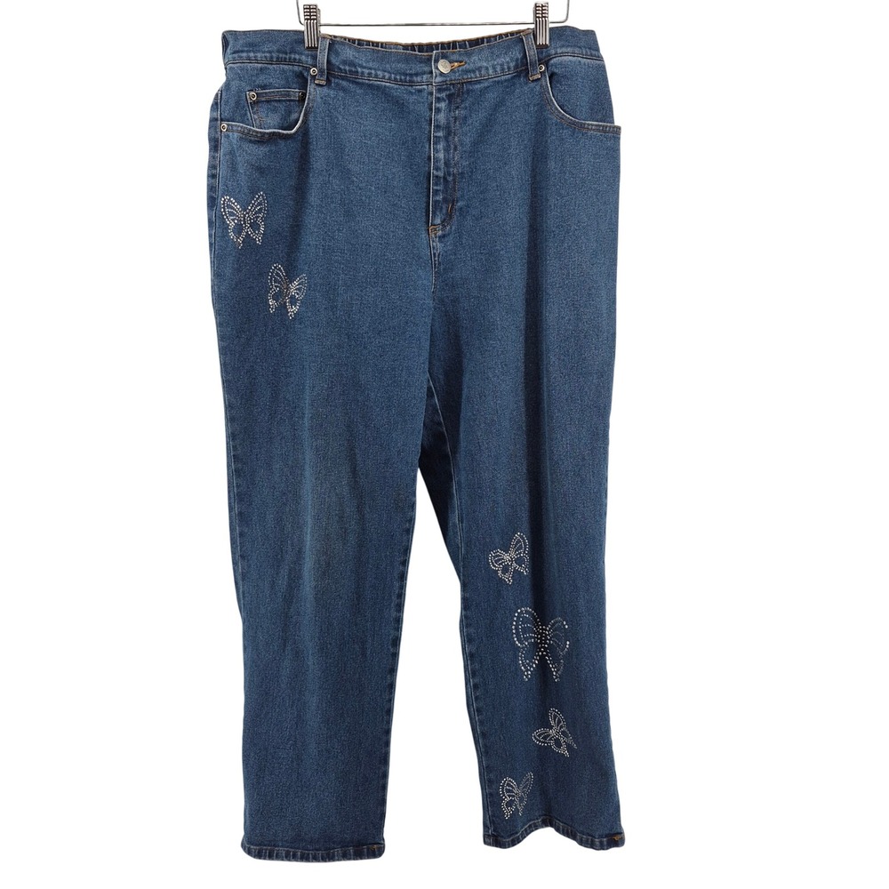 Vtg Y2K Quaker Factory Jeans 1X Embellished‎ Butterfly Rhinestone Blue Denim
